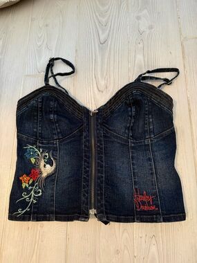 Harley-Davidson Dark Blue Denim Embroidered Bustier Top